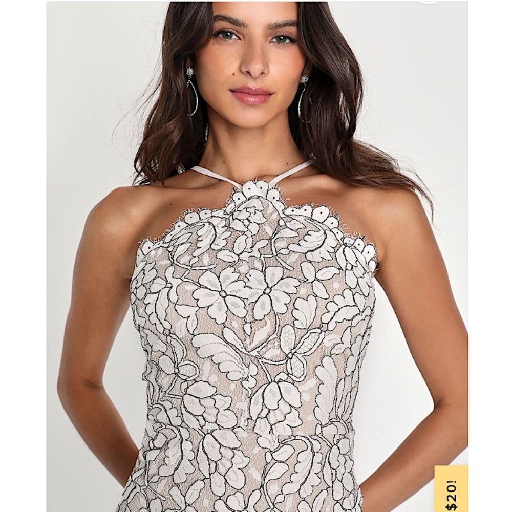 LULU’S Delicate Darling Beige + Ivory Lace Bodycon Dress SMALL